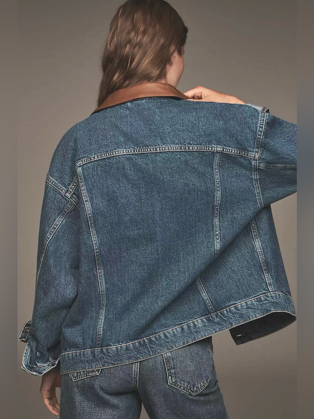 NWOT Pilcro Weston Leather Collar Denim Boyfriend Jacket, Size M - Picture 2 of 14